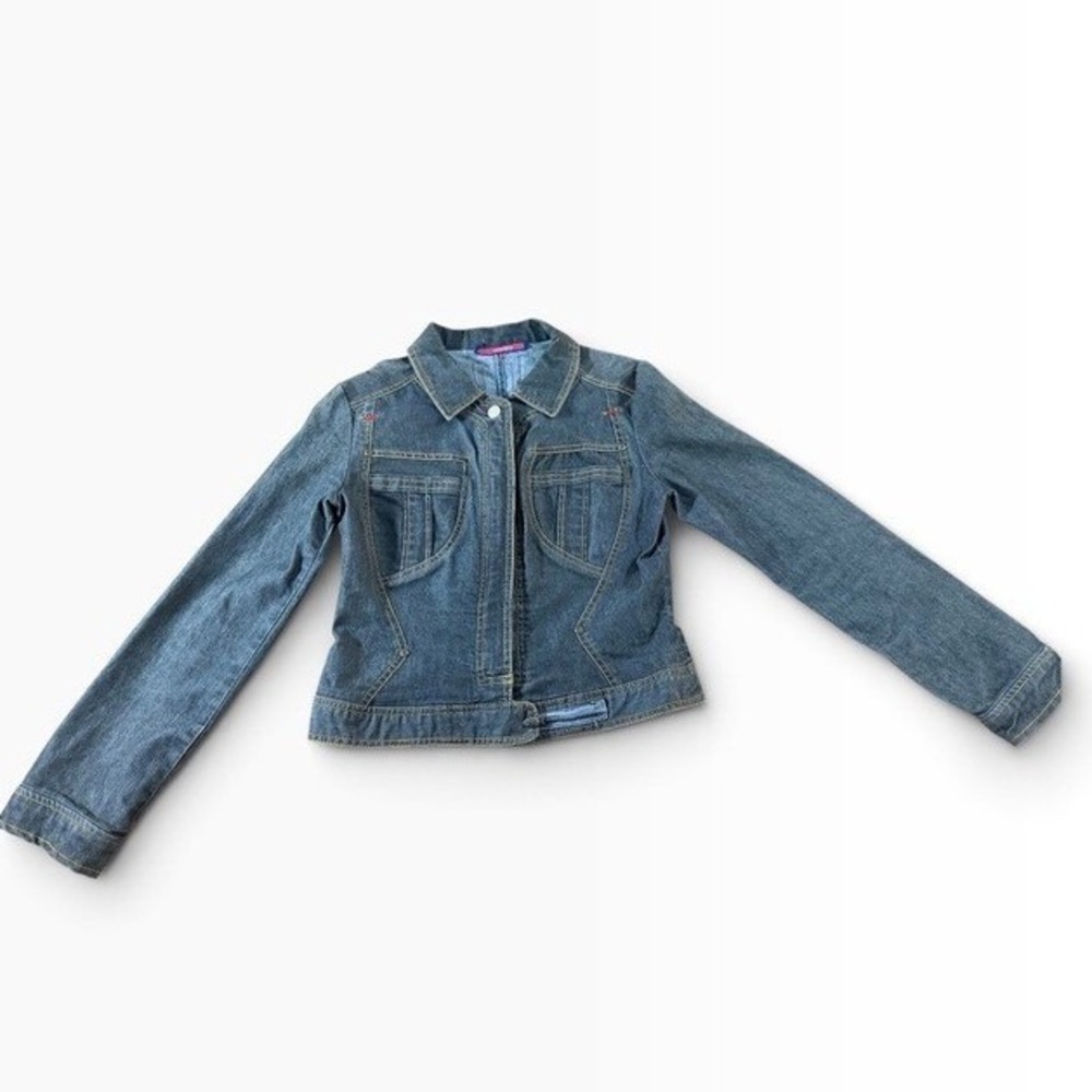 BCBG Maxazria Womens Dark Wash Denim Jacket Cropped Contrast Stitch Blue S READ